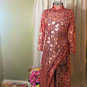 NEW Pink Sequin Holiday Long Sleeve Slip Dress